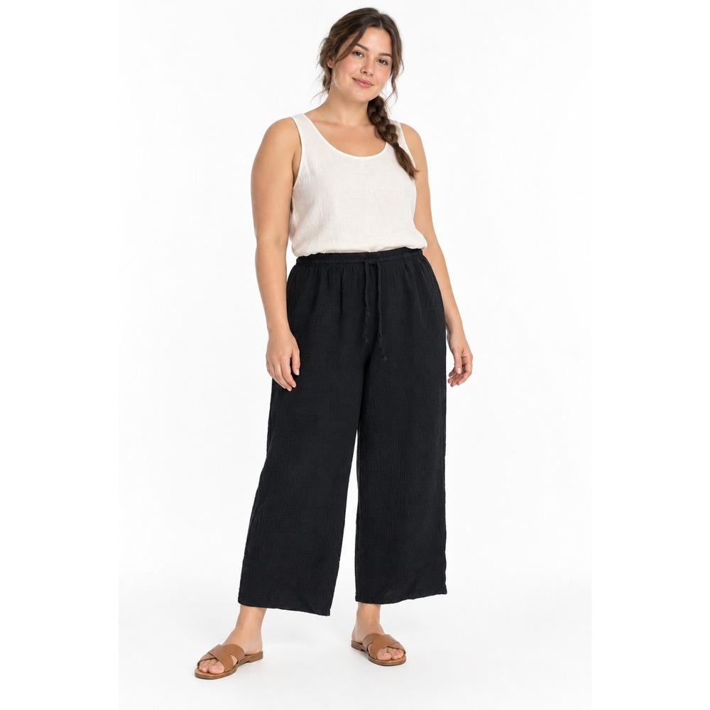 100% Cotton Gauze Wide Leg Pants XL Black Pull On Cropped Ankle Beach Resort